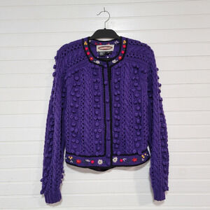 Obermeyer Wool Salzberg Cardigan Sweater Size Medium 3D Knit Floral Embroidered